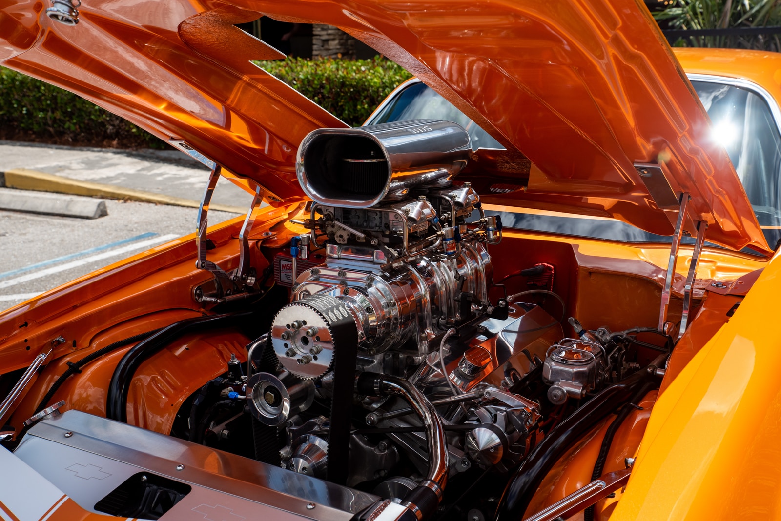 orange and silver vintage car engine