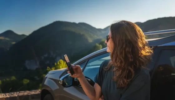 žena opřená o auto se dívá na krajinu