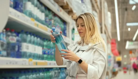 Žena si vybírá z regálu balenou vodu.