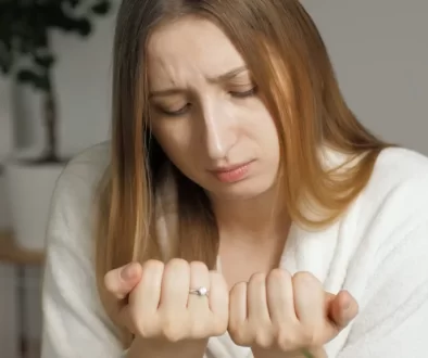 žena sleduje své nehty