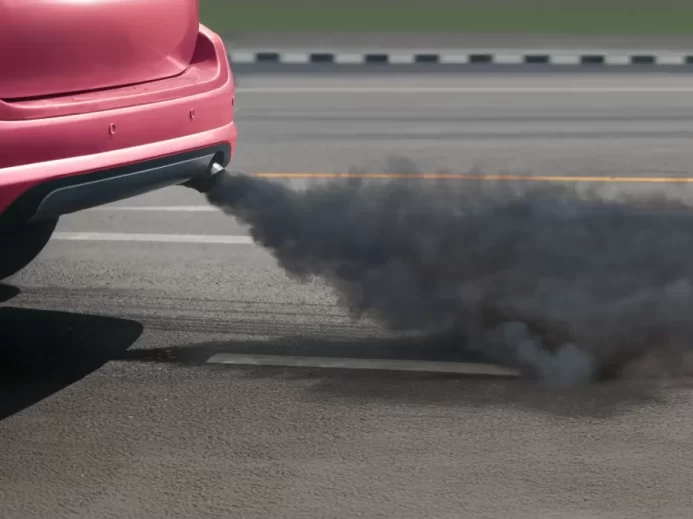 Pohled na zadní část osobního automobilu vypouštějící tmavý kouř z výfuku
