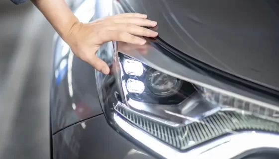 Muž kontrolující přední LED světlomet