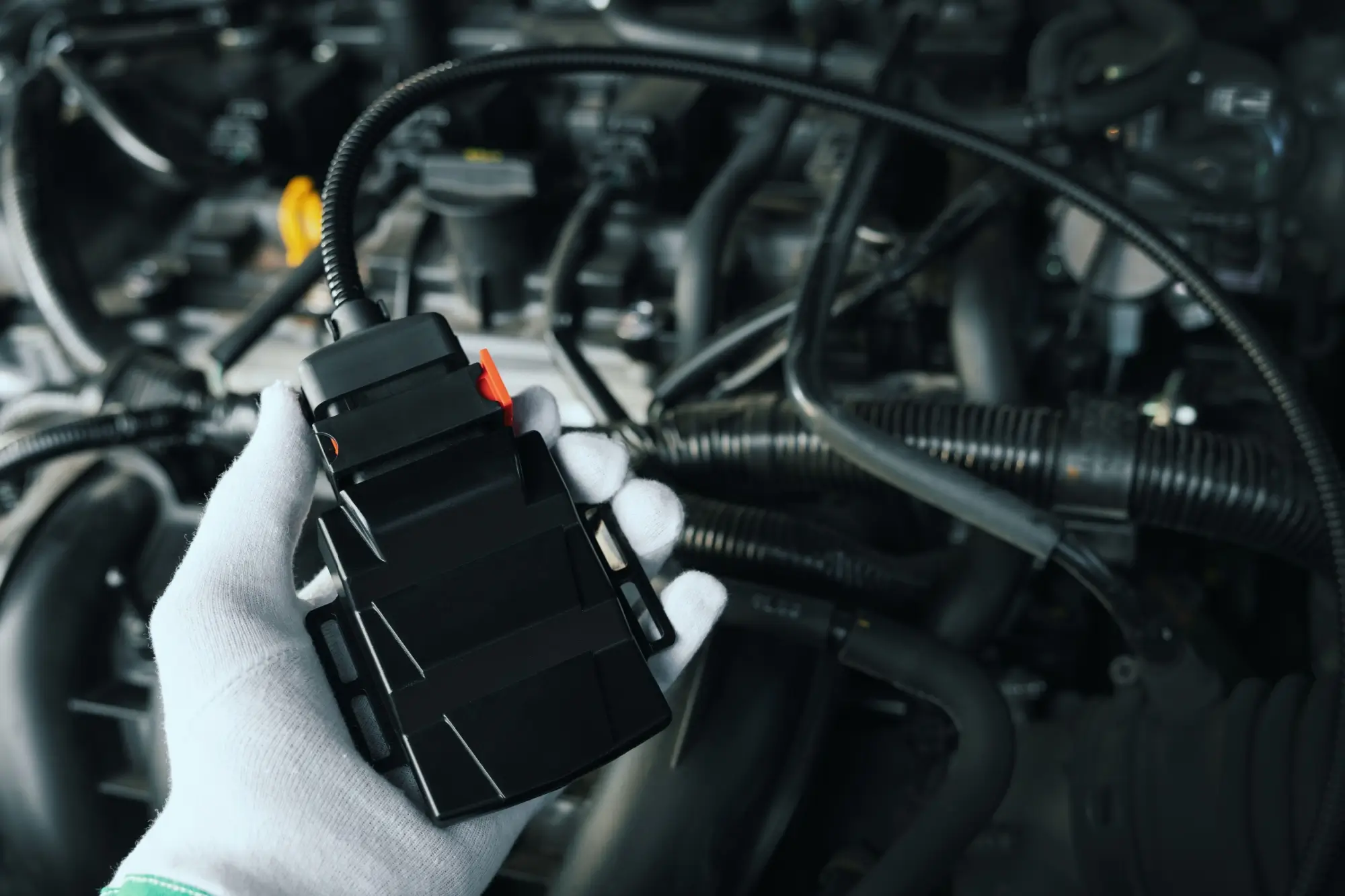 Záběr na mechanika instalujícího systém chiptuning.