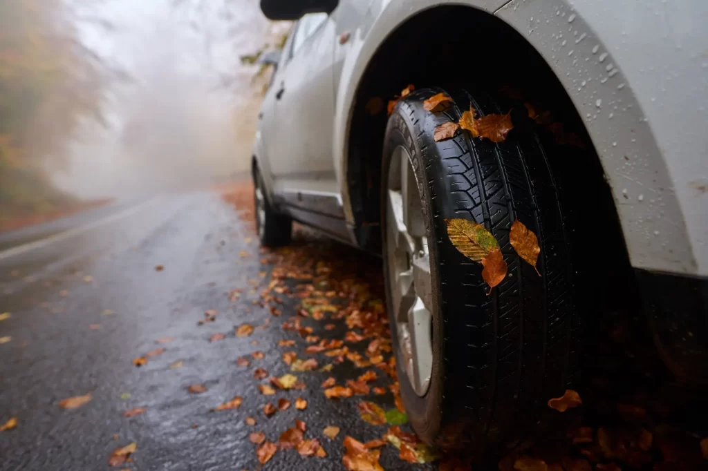- MotorGuru.cz Detail na auto na mokré vozovce, na kole jsou nalepené listy.