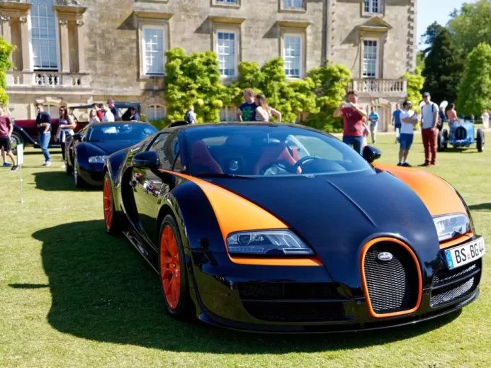 Černo oranžové Bugatti Veyron na trávníku