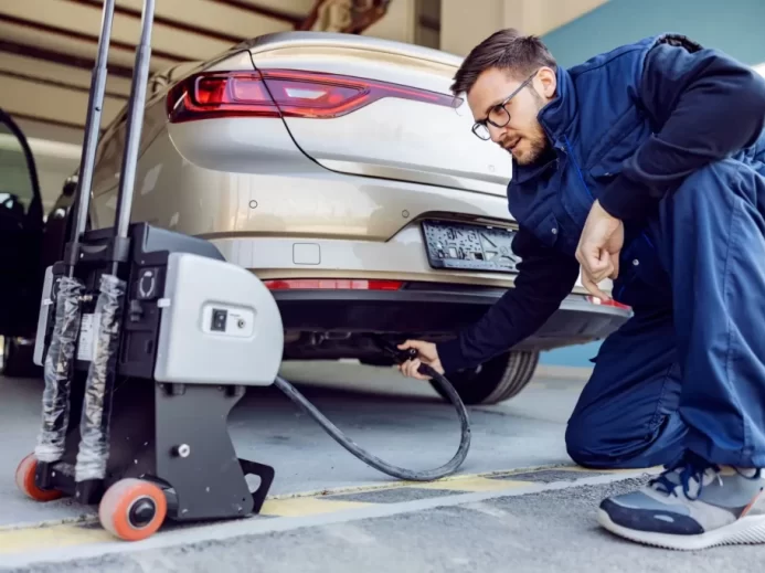 Muž měří v autoservisu emise