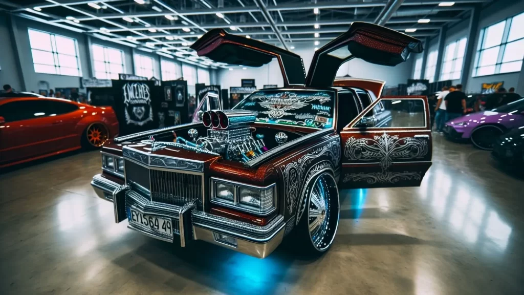 Luxusně vytuněné auto vystavené na autosalonu.