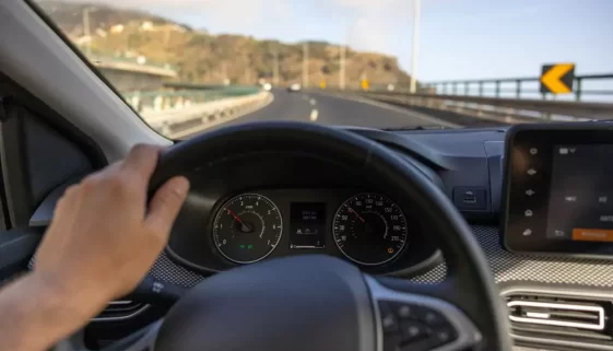 Pohled řidiče na rychloměr s rukou na volantu.