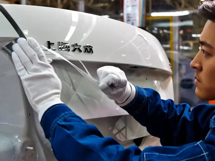 Dělníci instalují písmo s logem Volkswagen