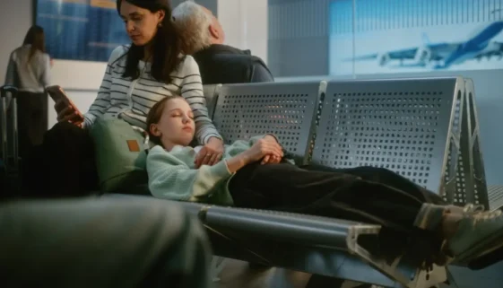 Matka s dcerou čekají v odletové hale