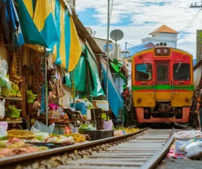 Vlak na trhu Maeklong Market v Thajsku