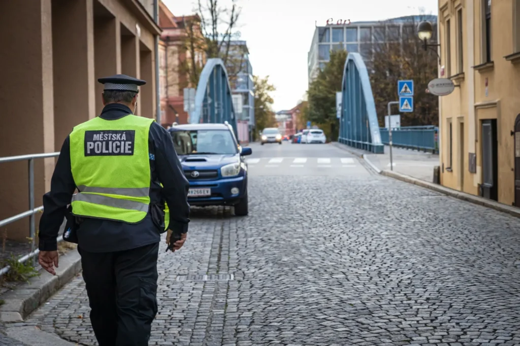 Policista jde k zaparkovanému autu