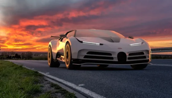 Bílé Bugatti Centodieci projíždí po silnici při západu slunce