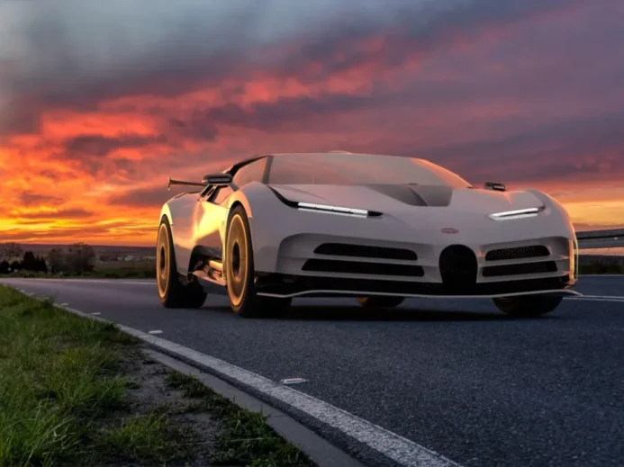 Bílé Bugatti Centodieci projíždí po silnici při západu slunce