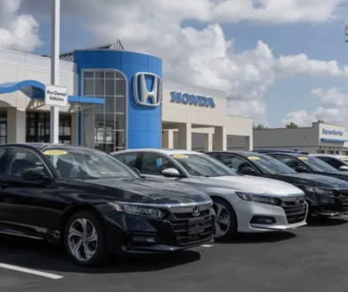 Čelní pohled na vozy značky Honda před oficiálním autosalonem