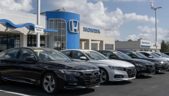 Čelní pohled na vozy značky Honda před oficiálním autosalonem