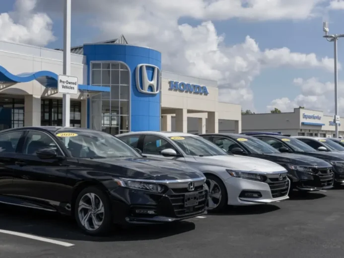 Čelní pohled na vozy značky Honda před oficiálním autosalonem