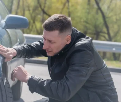 Muž kontroluje auto po bouračce