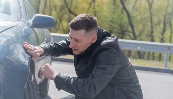Muž kontroluje auto po bouračce