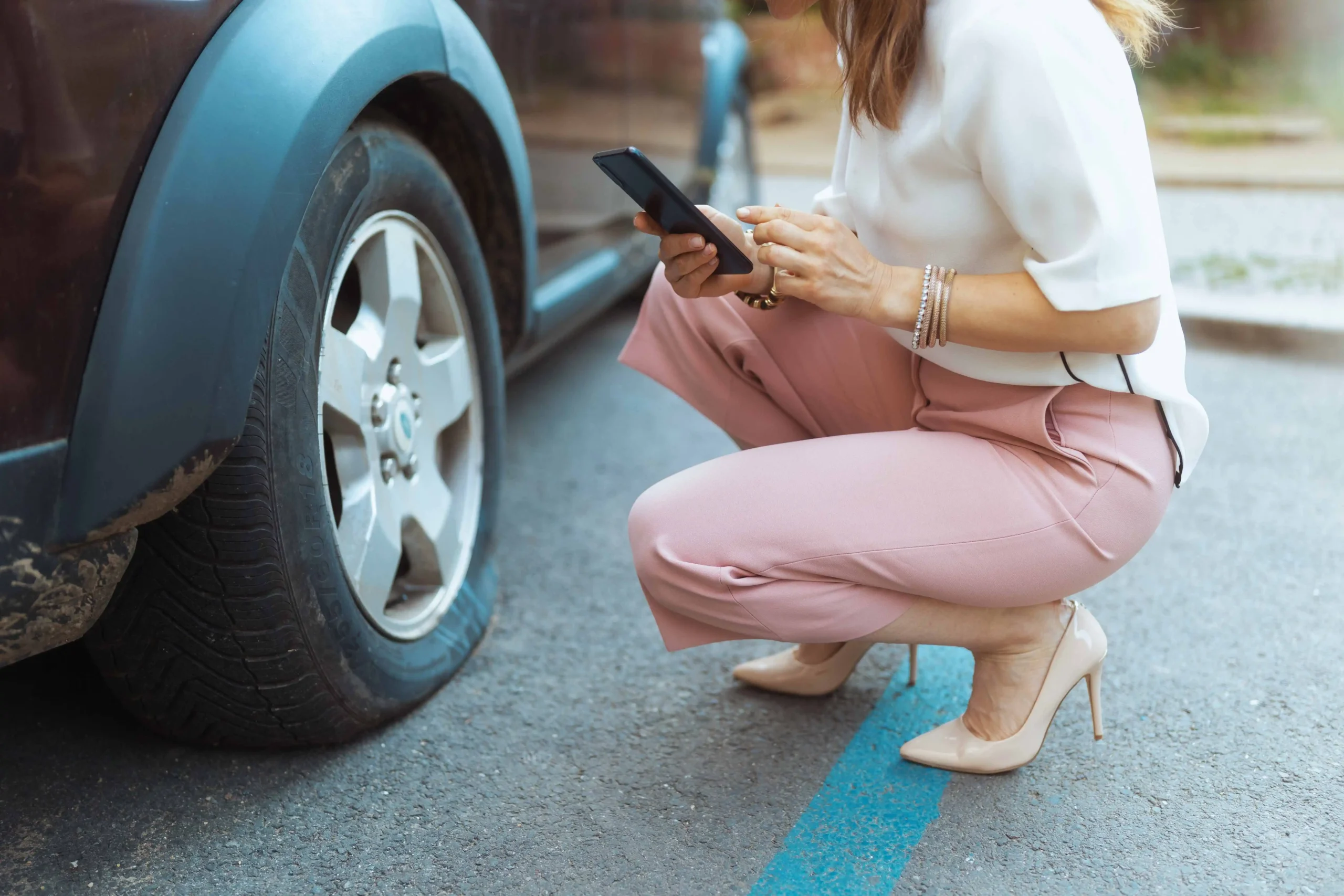 - MotorGuru.cz Žena dřepí u prasklé pneumatiky