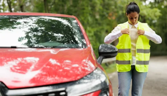 Žena si nasazuje reflexní vestu