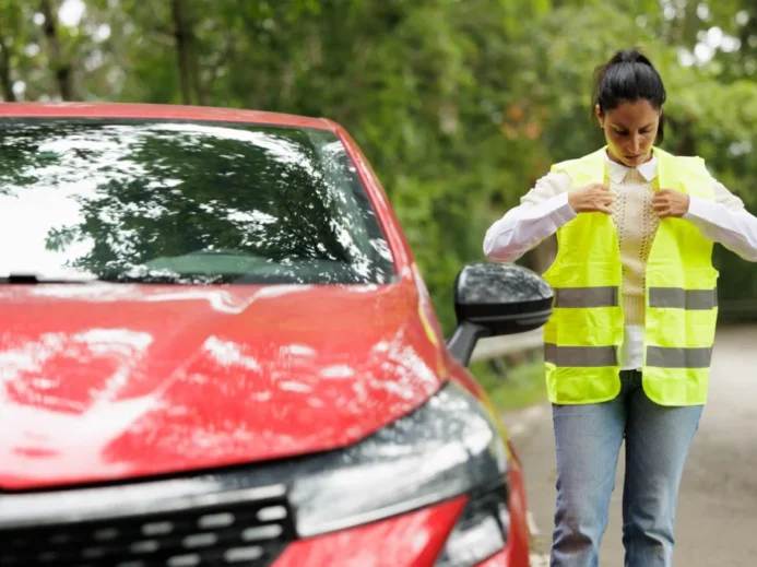 Reflexní vesta dokáže chránit životy Žena si nasazuje reflexní vestu