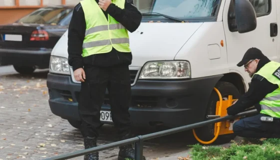 strážníci nasazují na kolo auta botičku