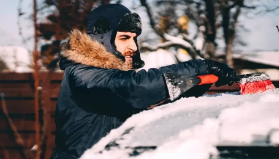 řidič připravuje auto na cestu ometáním sněhu z kapoty a střechy.