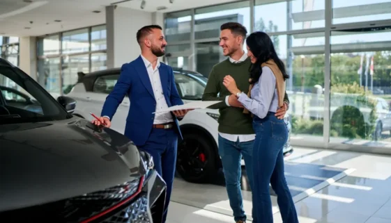 mladý pár a prodavač při koupi auta