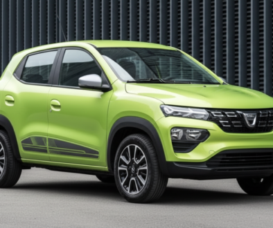 Bright lime-green compact SUV photographed from the front-left, parked on a paved surface with a dark industrial fence behind it.