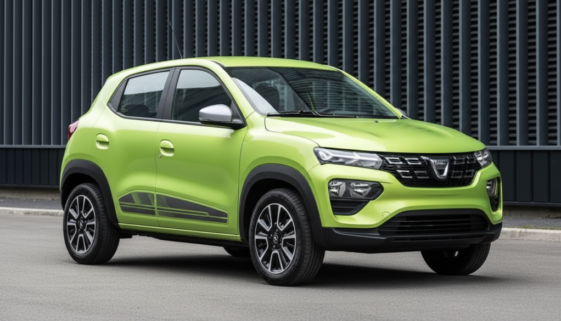Bright lime-green compact SUV photographed from the front-left, parked on a paved surface with a dark industrial fence behind it.