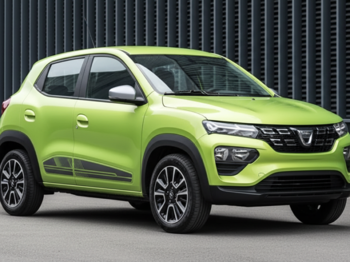 Bright lime-green compact SUV photographed from the front-left, parked on a paved surface with a dark industrial fence behind it.