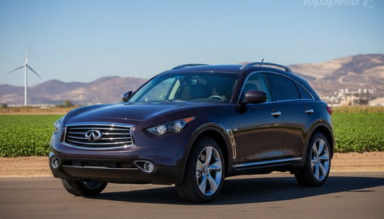 Maroon Infiniti SUV on a rural road with green fields, wind turbine, and distant mountains.