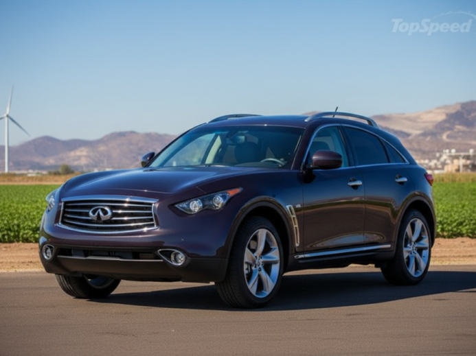 Maroon Infiniti SUV on a rural road with green fields, wind turbine, and distant mountains.